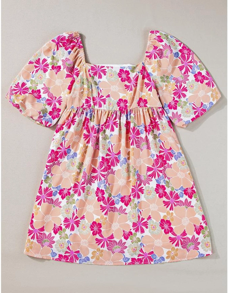 Rose Summer Floral Square Neck Puff Sleeve Babydoll Dress