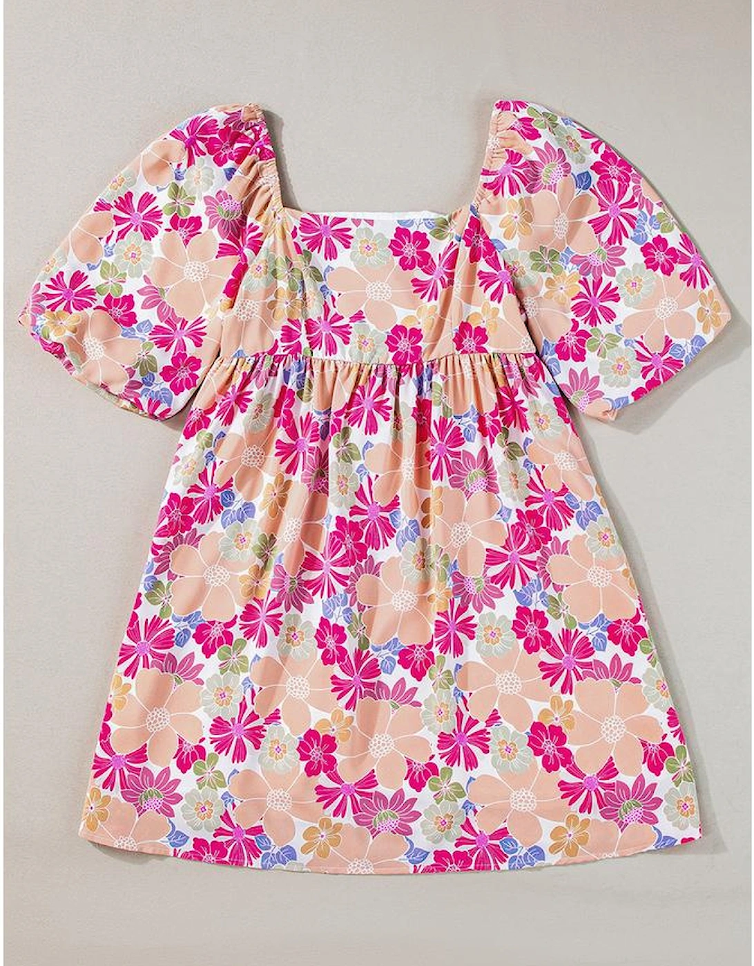 Rose Summer Floral Square Neck Puff Sleeve Babydoll Dress