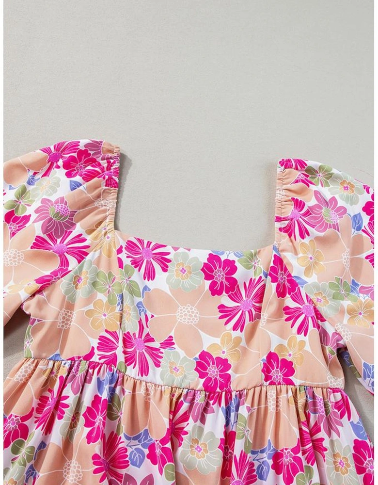 Rose Summer Floral Square Neck Puff Sleeve Babydoll Dress