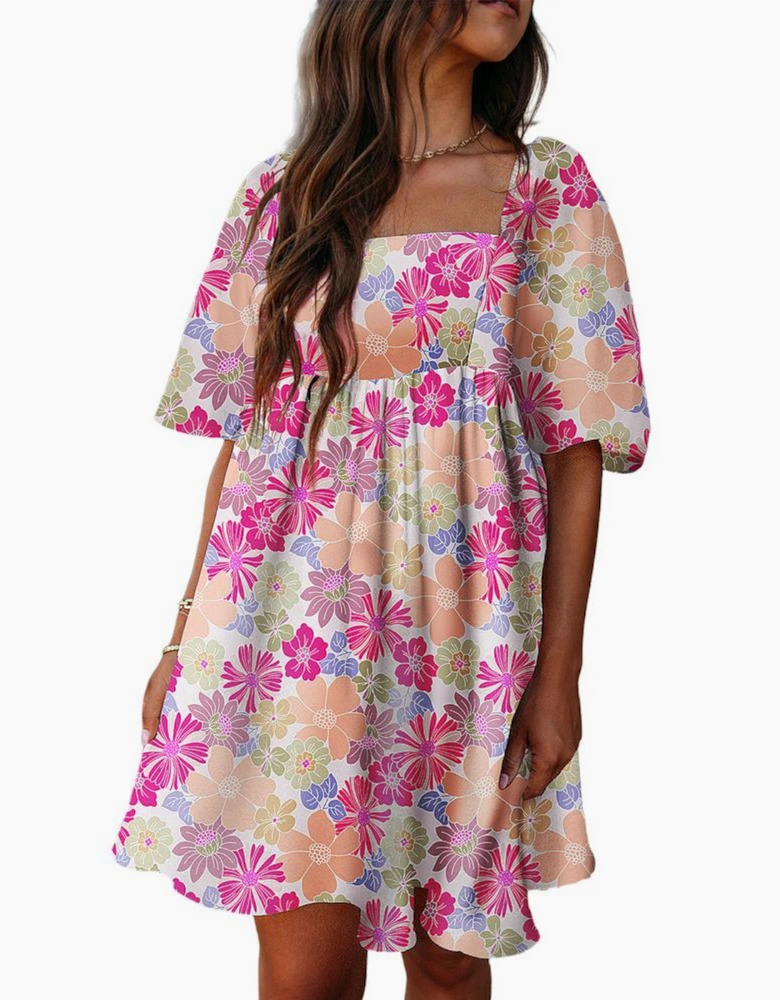 Rose Summer Floral Square Neck Puff Sleeve Babydoll Dress