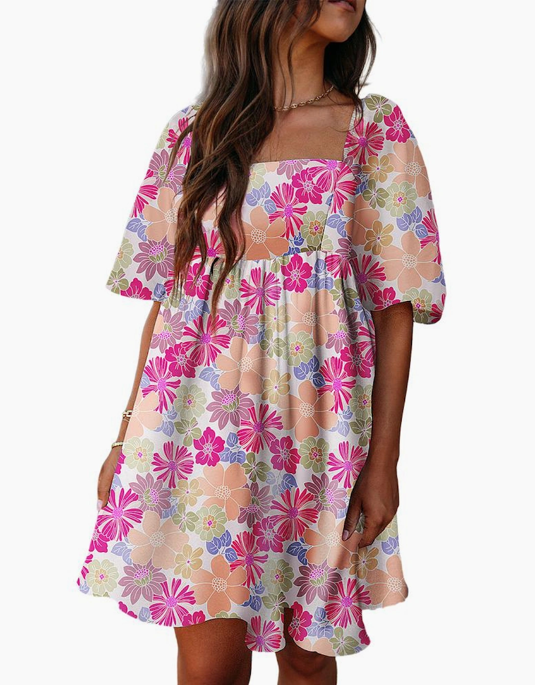 Rose Summer Floral Square Neck Puff Sleeve Babydoll Dress