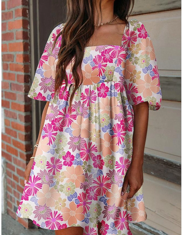 Rose Summer Floral Square Neck Puff Sleeve Babydoll Dress