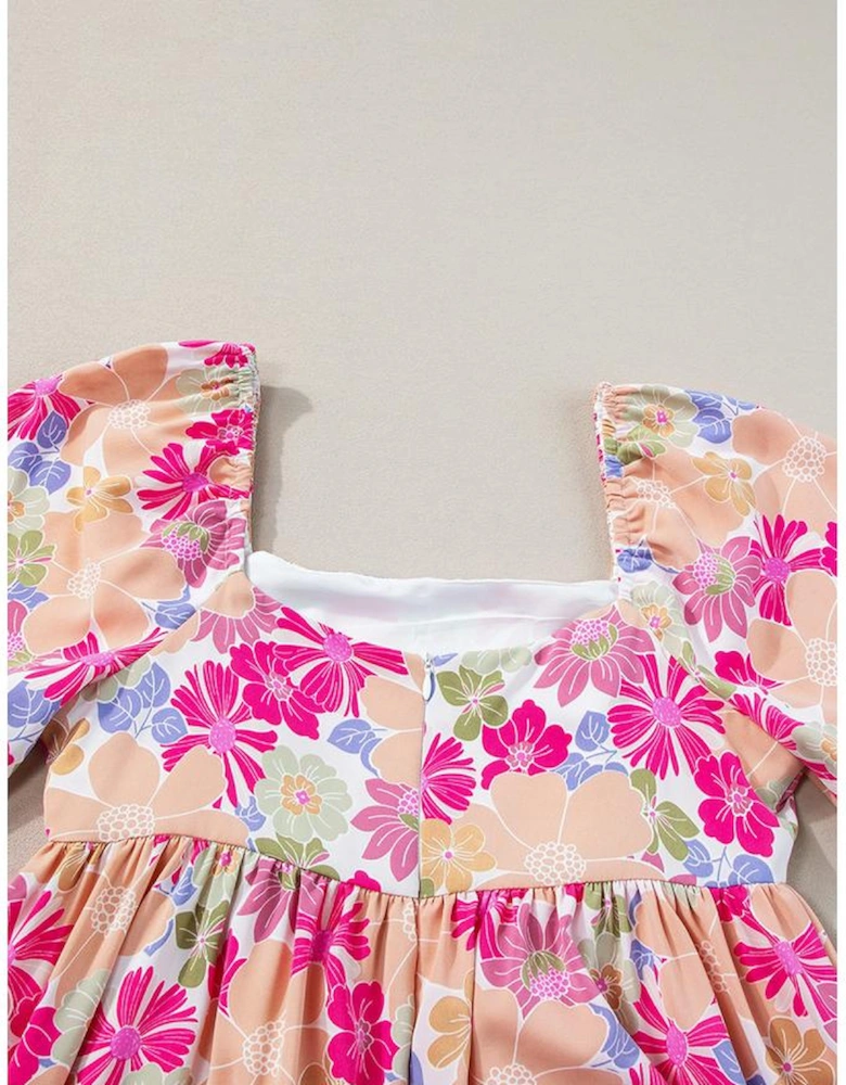 Rose Summer Floral Square Neck Puff Sleeve Babydoll Dress