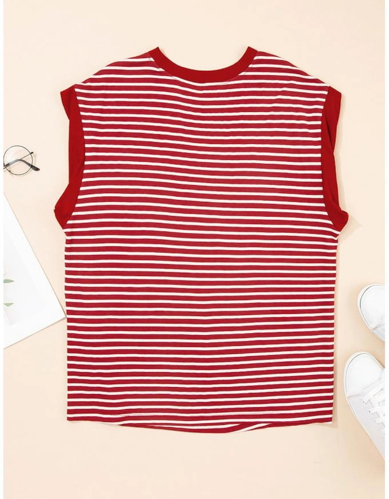 Red Stripe Chest Pocket Patch Round Neck Tank Top
