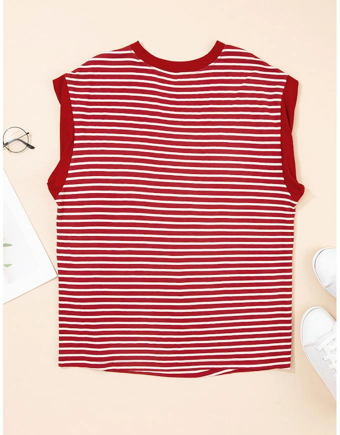 Red Stripe Chest Pocket Patch Round Neck Tank Top