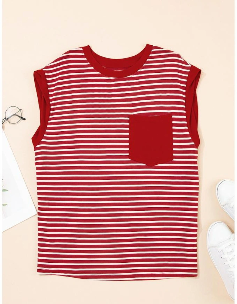 Red Stripe Chest Pocket Patch Round Neck Tank Top