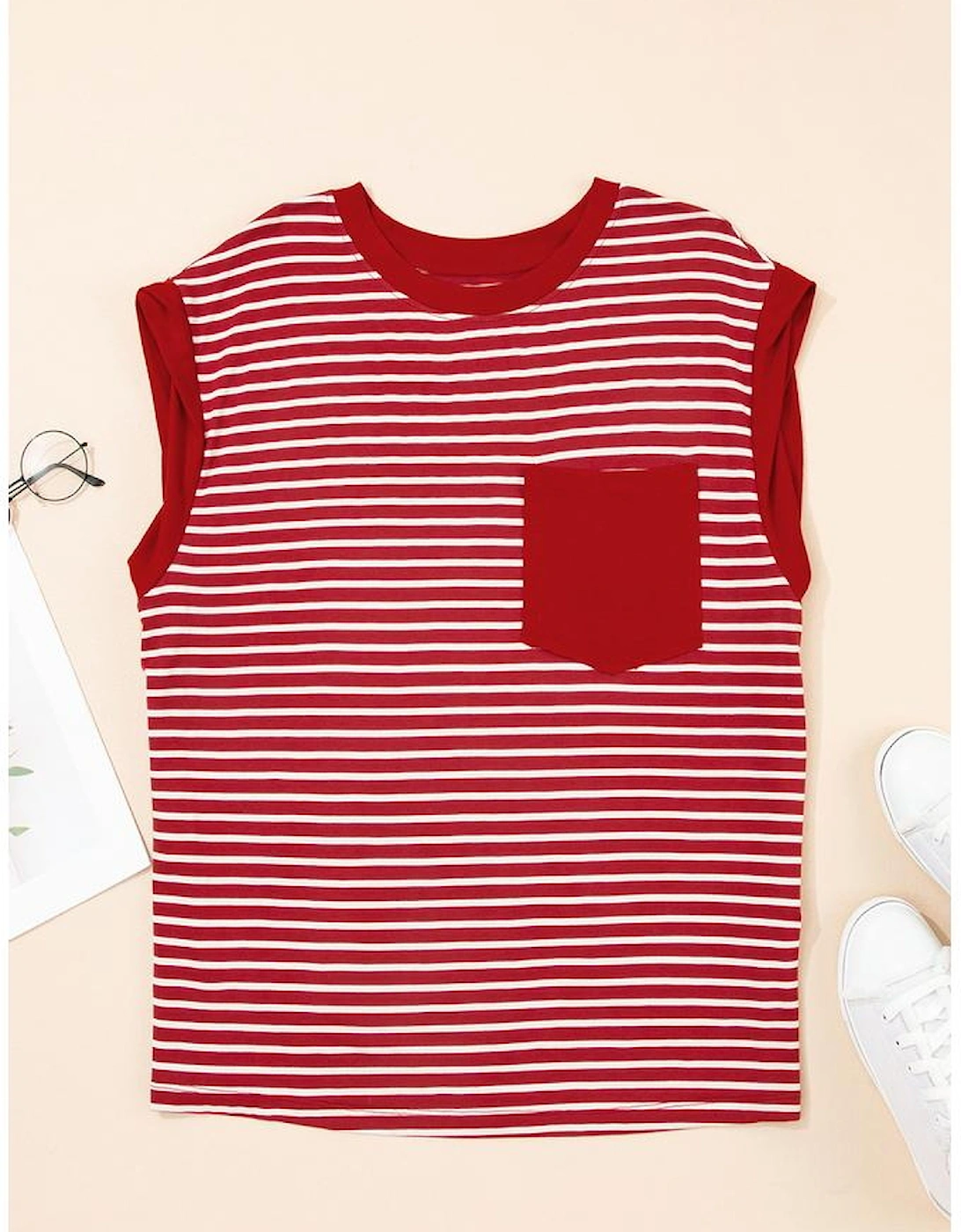 Red Stripe Chest Pocket Patch Round Neck Tank Top