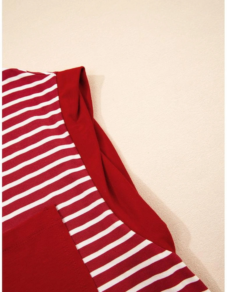 Red Stripe Chest Pocket Patch Round Neck Tank Top