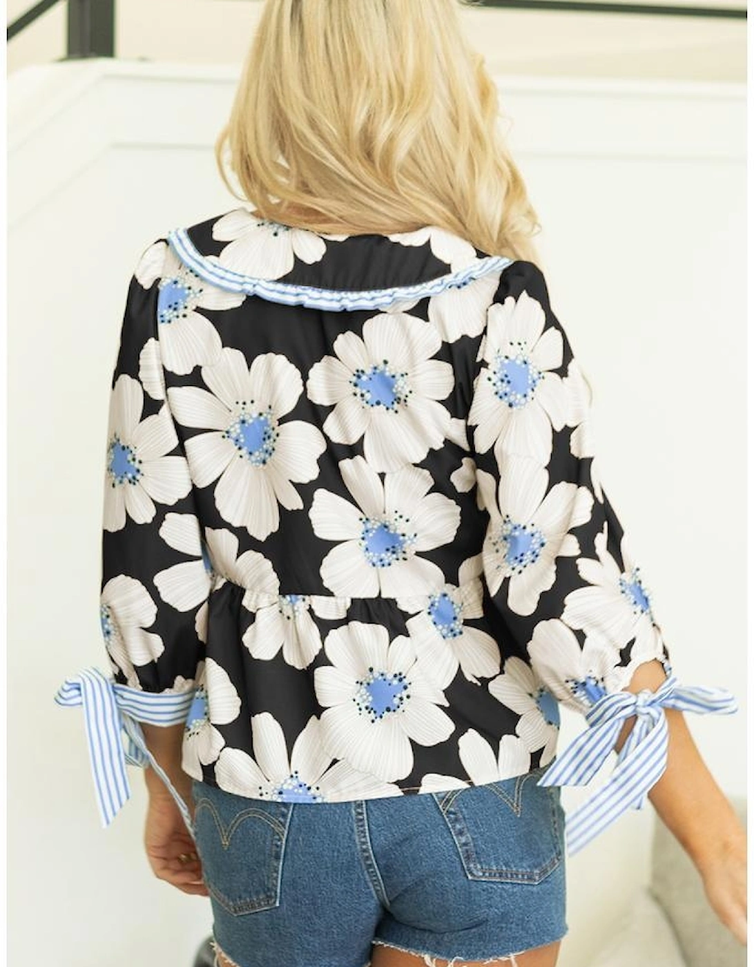 Black Floral Print Striped Tie Sleeve Collared V Neck Blouse, 4 of 3