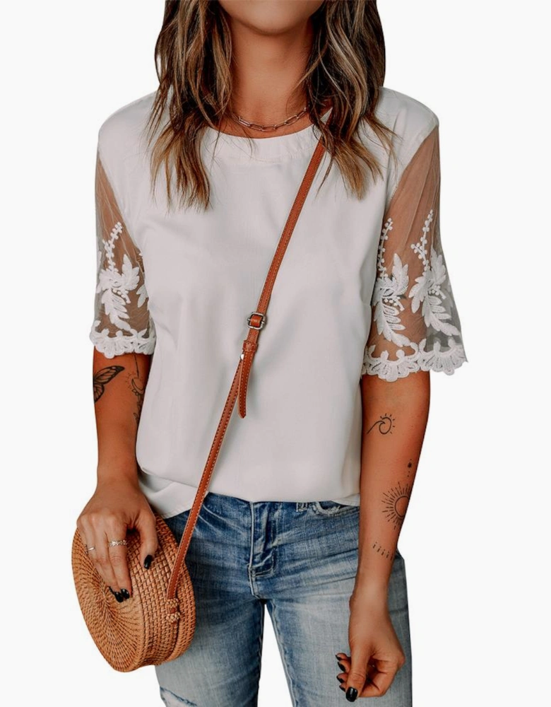 White Floral Lace Sleeve Patchwork Top