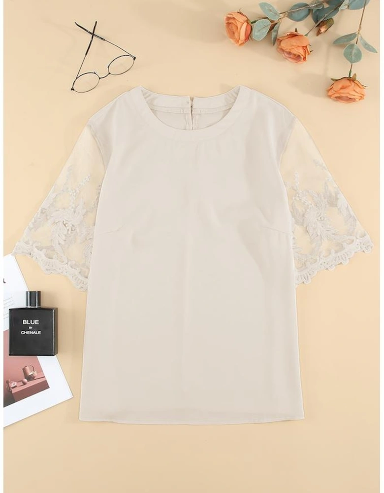 White Floral Lace Sleeve Patchwork Top