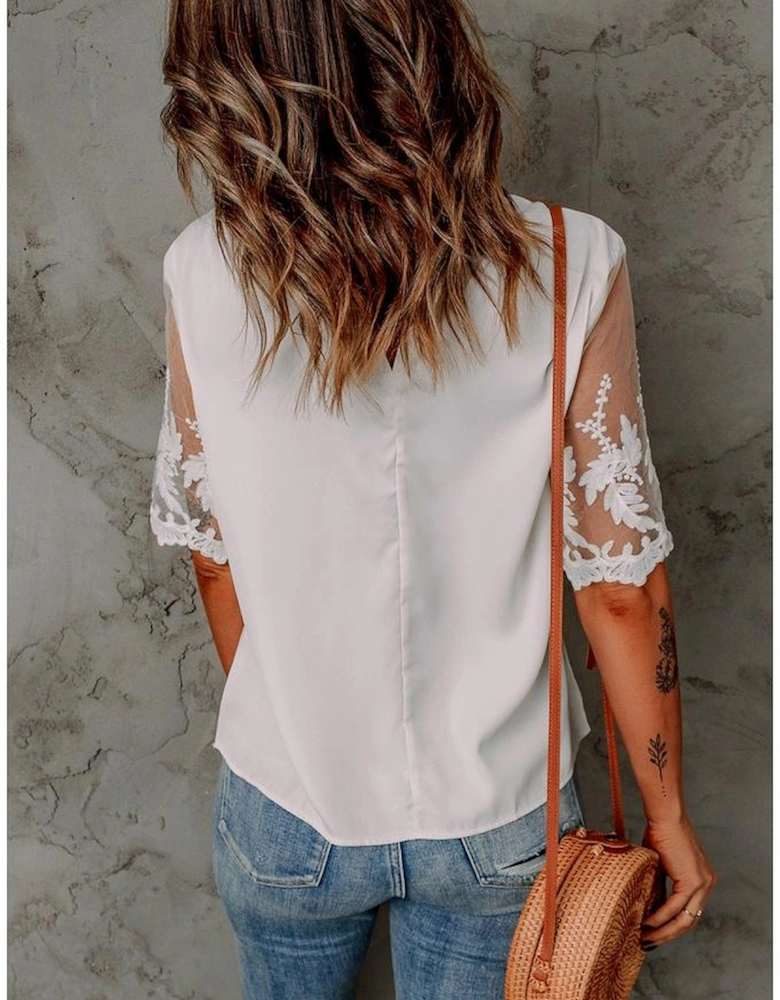 White Floral Lace Sleeve Patchwork Top