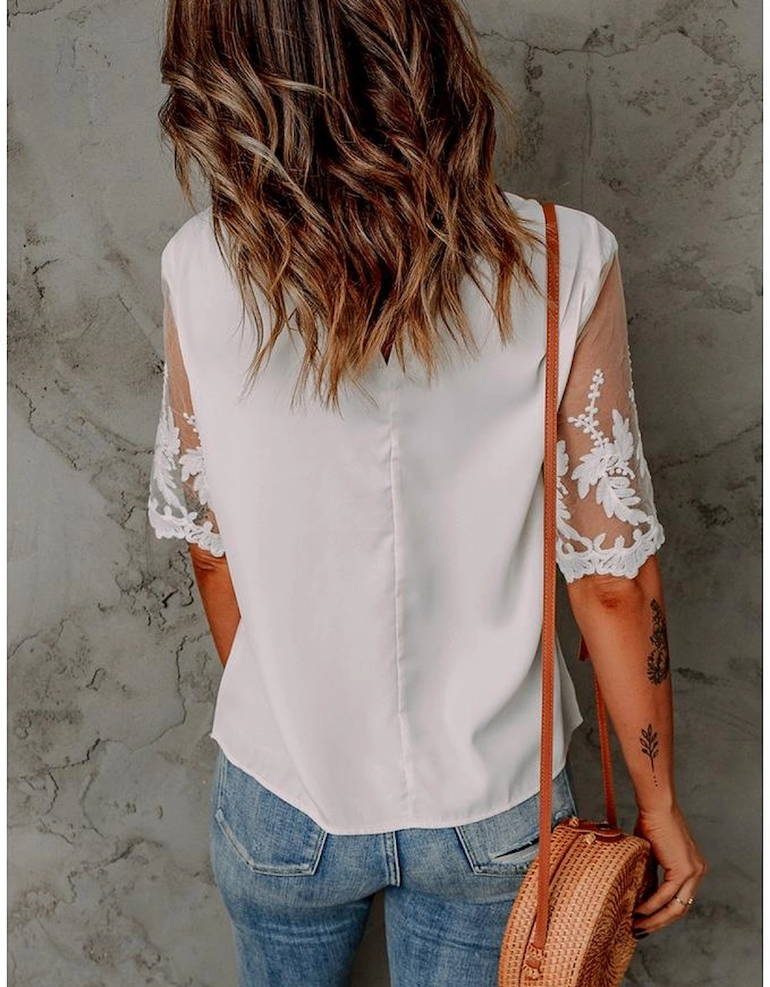 White Floral Lace Sleeve Patchwork Top