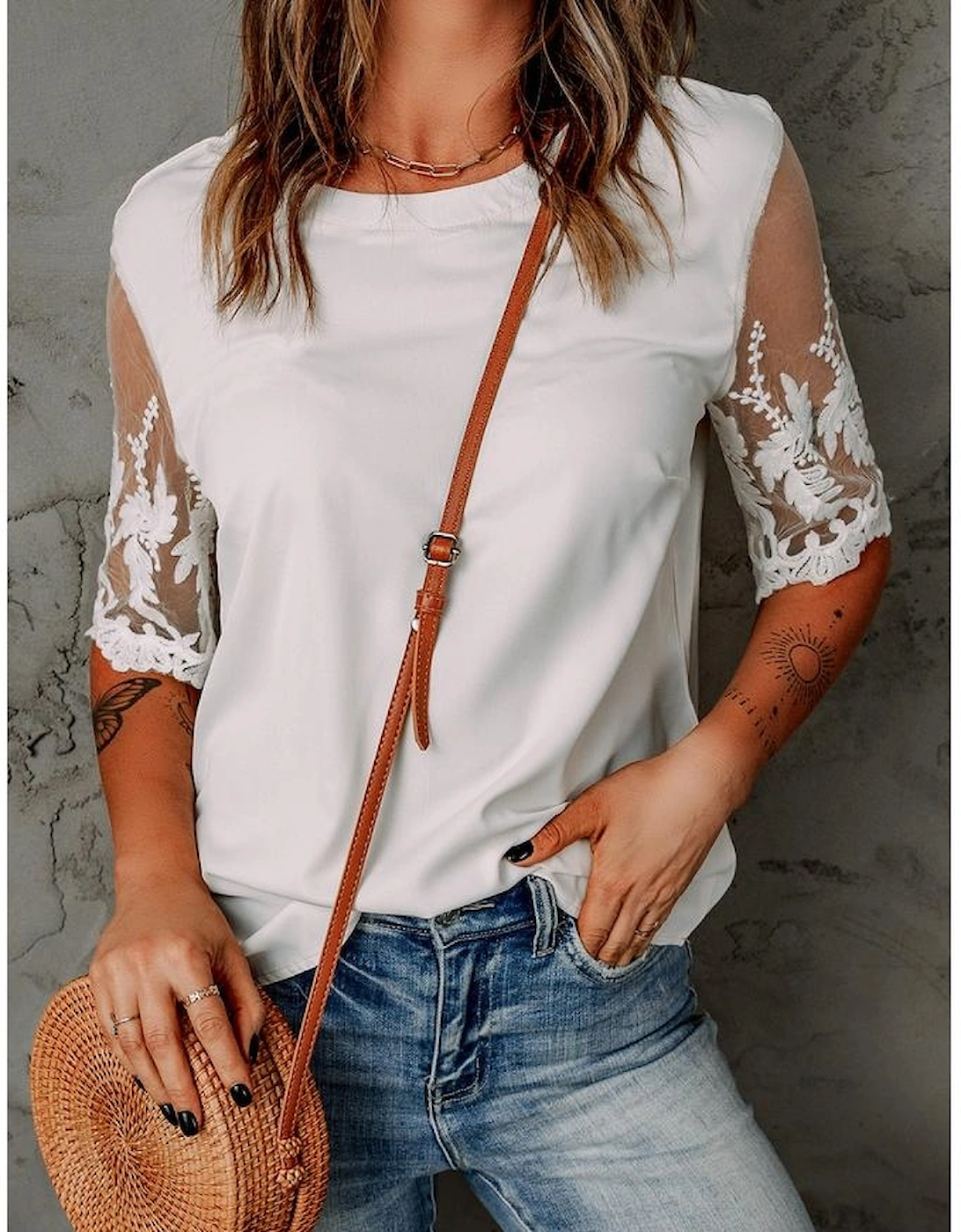 White Floral Lace Sleeve Patchwork Top