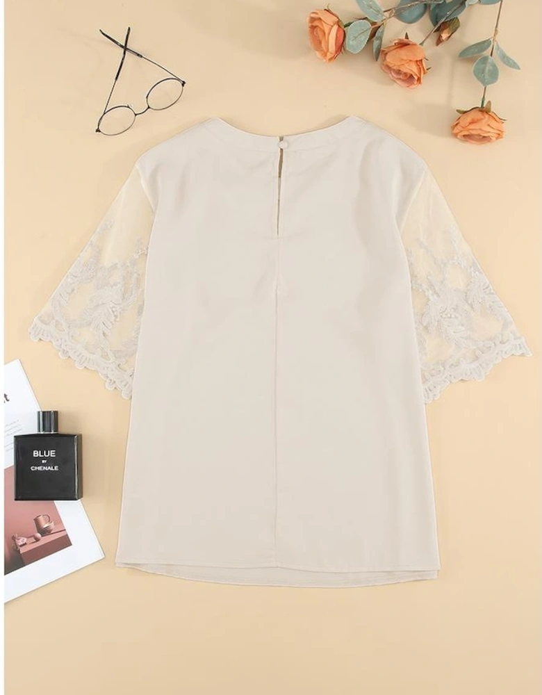White Floral Lace Sleeve Patchwork Top