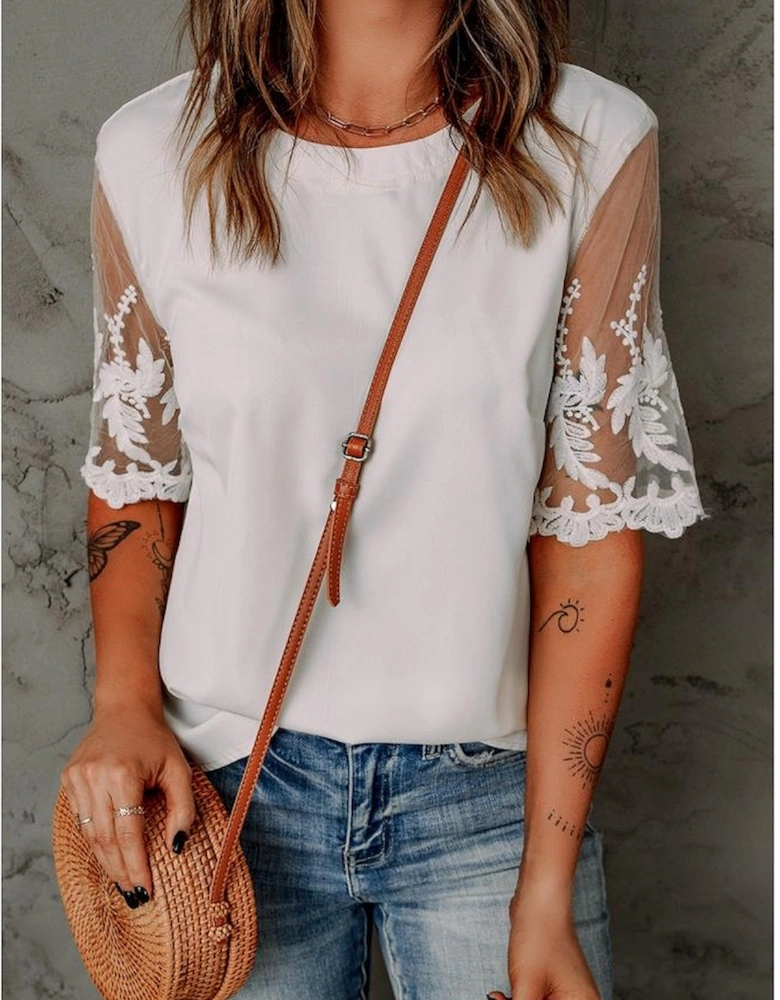 White Floral Lace Sleeve Patchwork Top