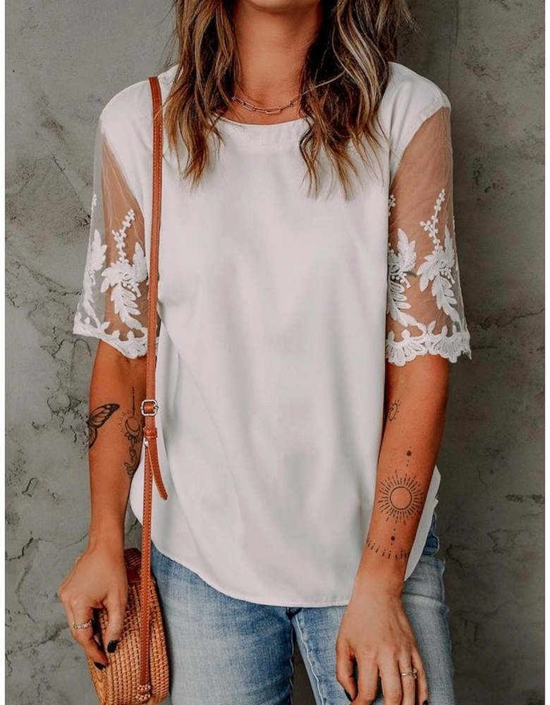 White Floral Lace Sleeve Patchwork Top