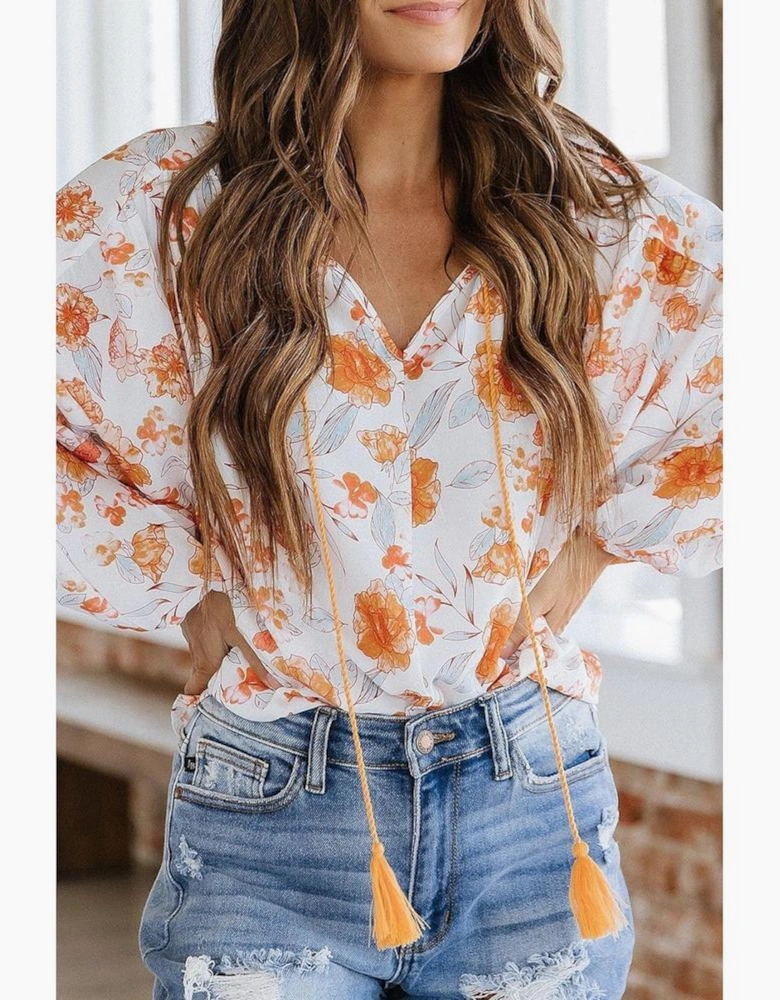 White Tassel Tie V Neck Bubble Sleeve Floral Blouse