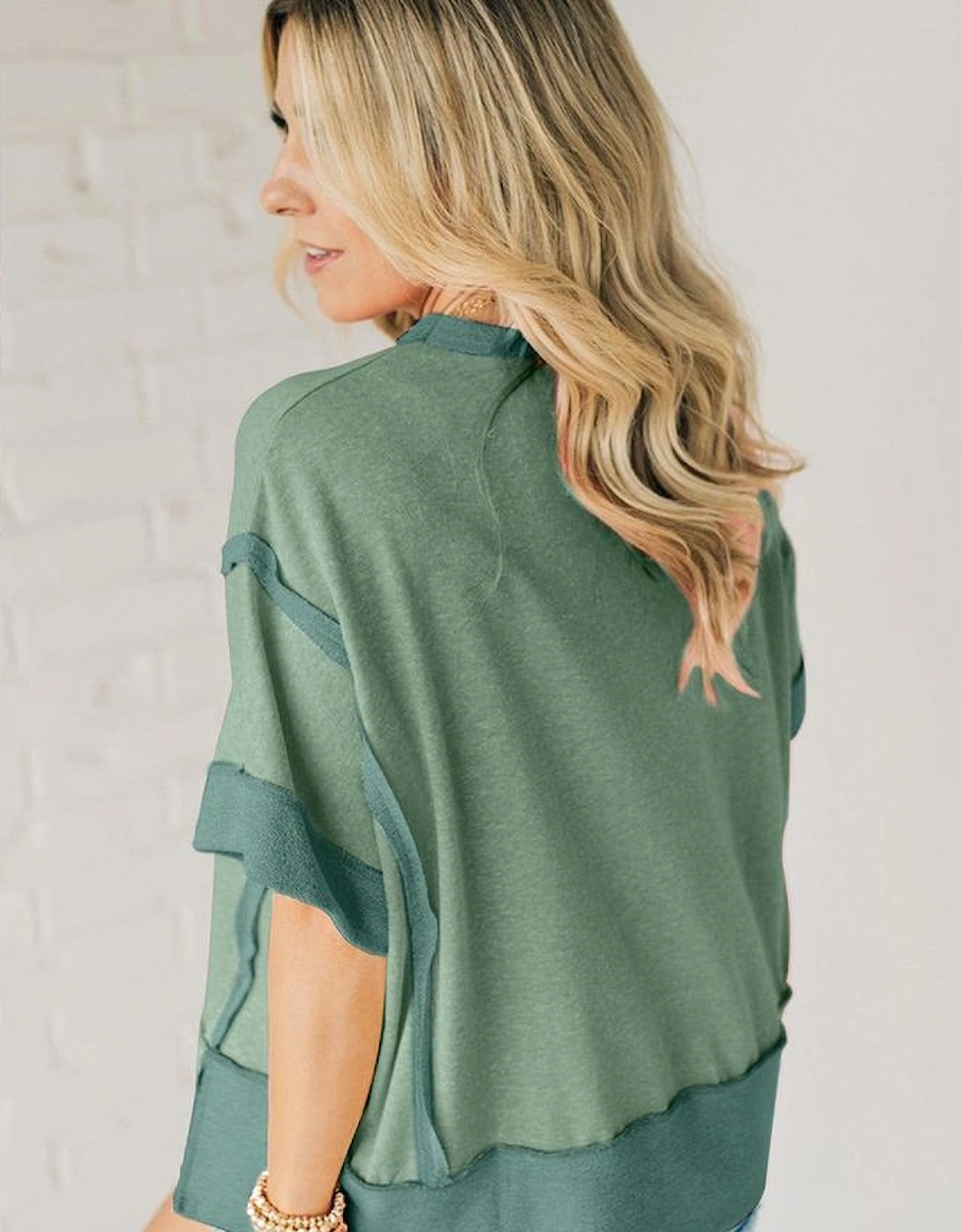 Smoke Green Half Sleeve Raw Seam High Low Side Split Top, 6 of 5