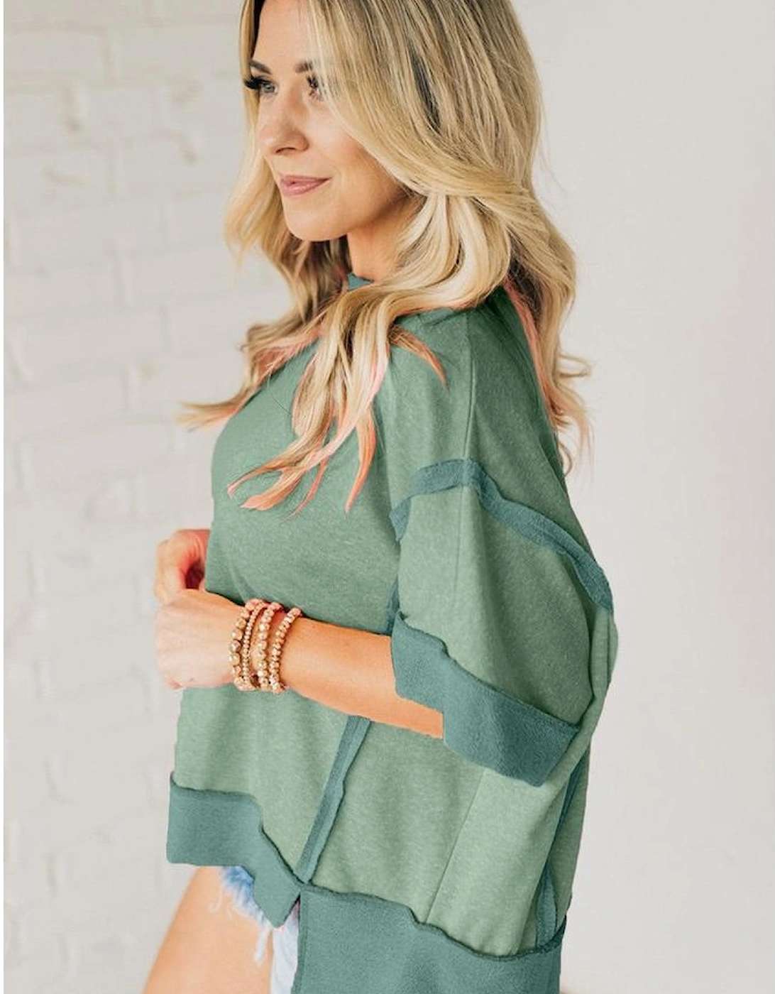 Smoke Green Half Sleeve Raw Seam High Low Side Split Top