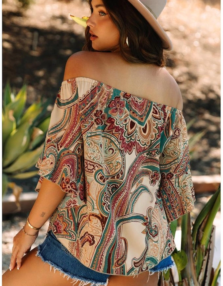 Apricot Paisley Printed Shirred Off Shoulder Ruffled Draped Sleeve Blouse