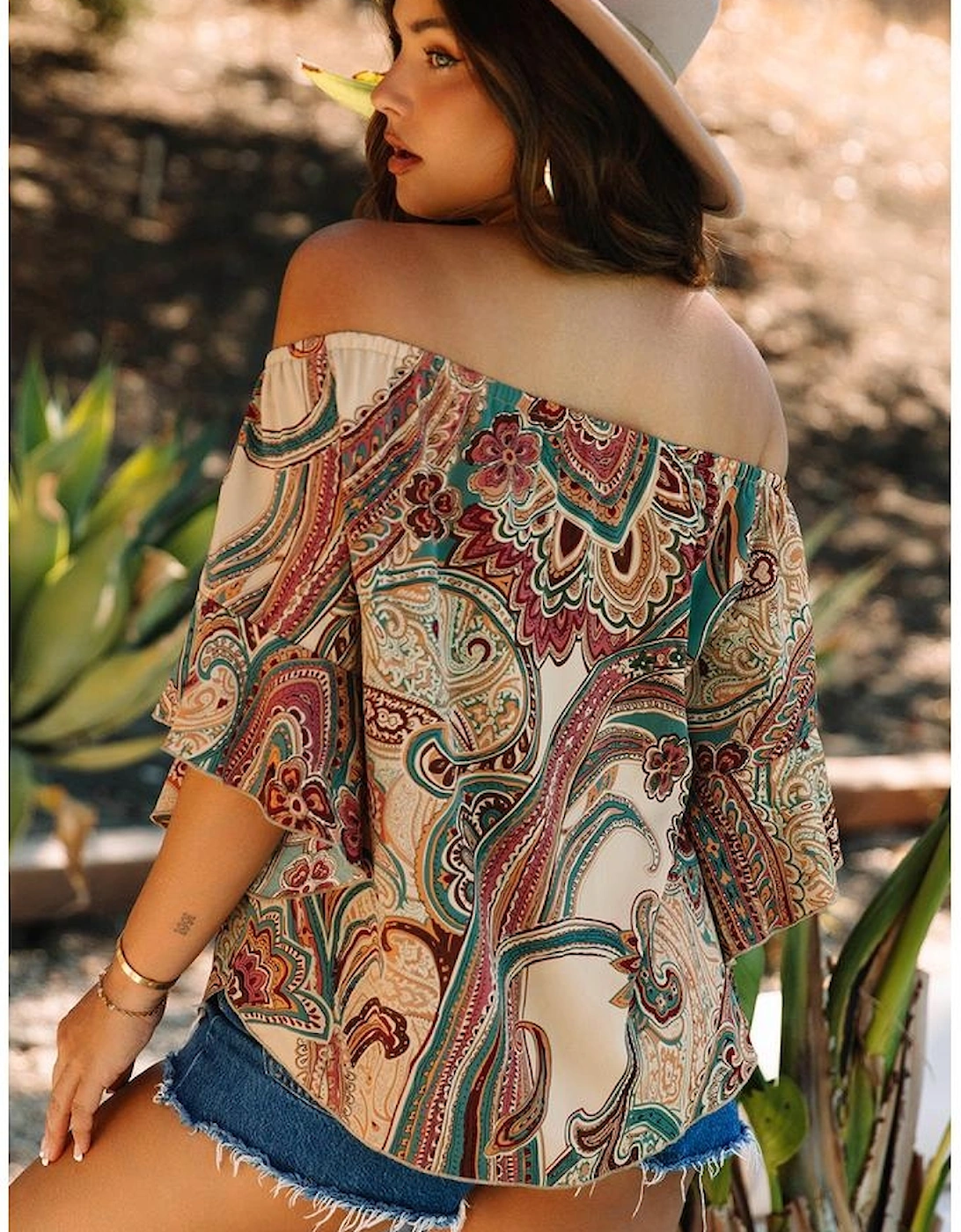 Apricot Paisley Printed Shirred Off Shoulder Ruffled Draped Sleeve Blouse, 16 of 15