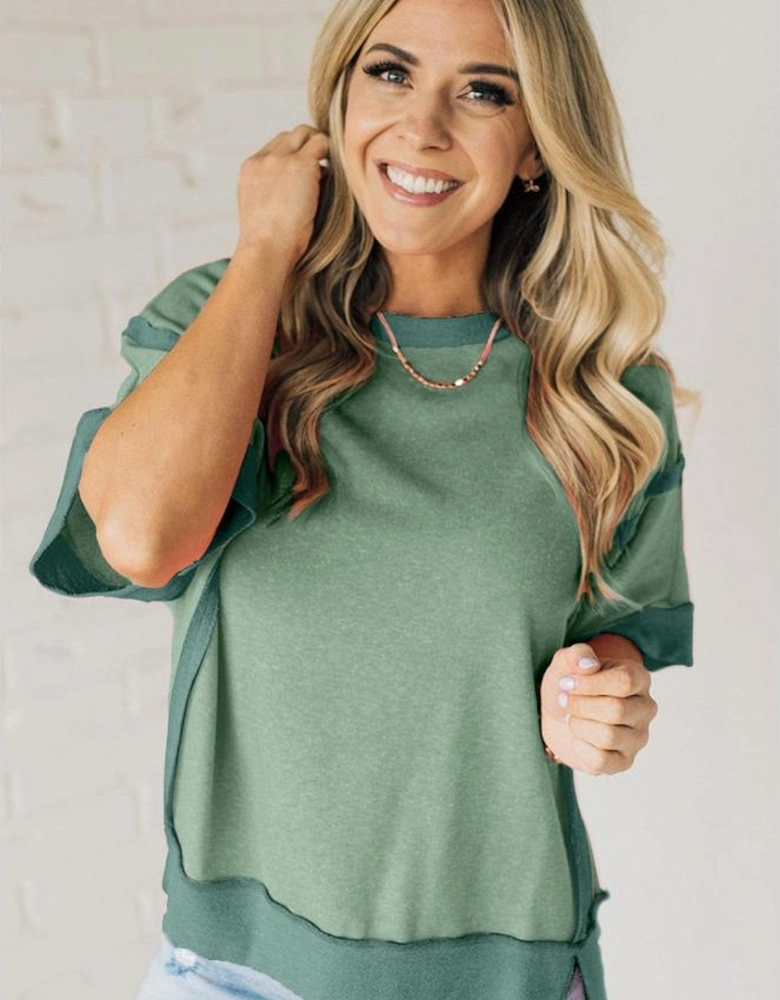 Smoke Green Half Sleeve Raw Seam High Low Side Split Top