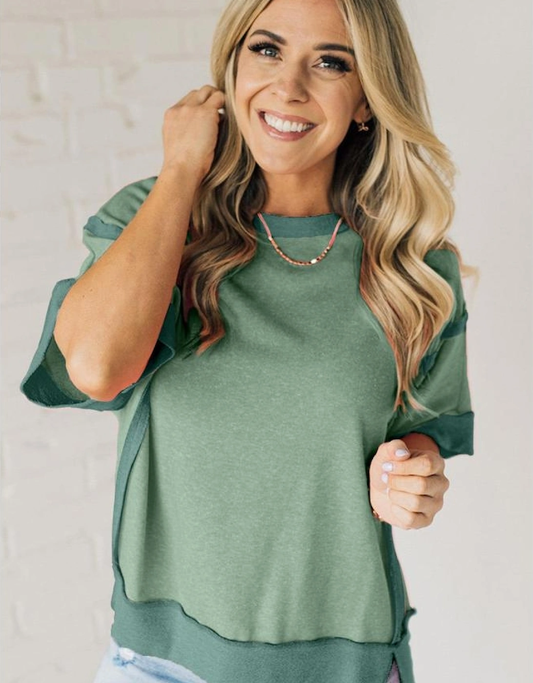 Smoke Green Half Sleeve Raw Seam High Low Side Split Top