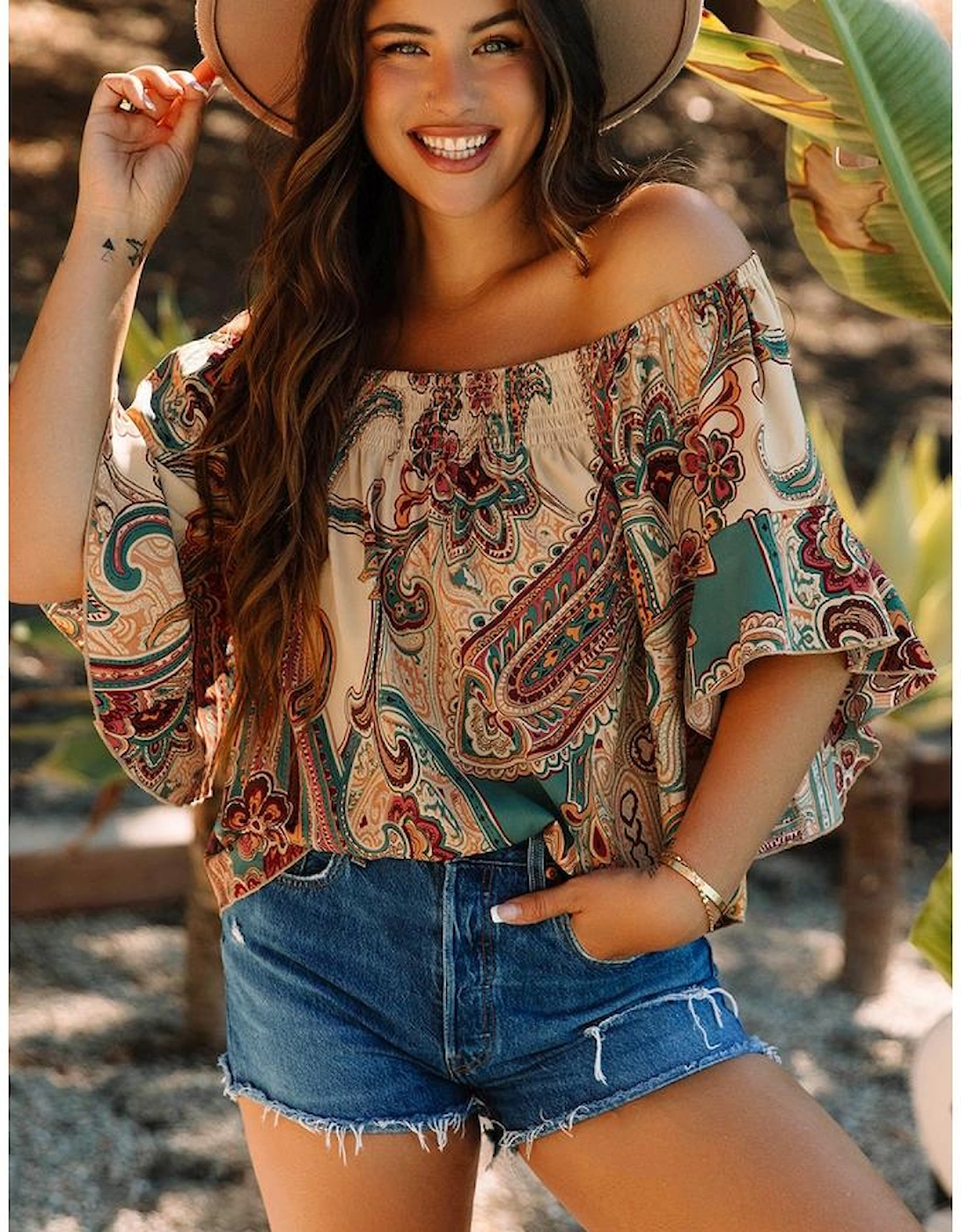 Apricot Paisley Printed Shirred Off Shoulder Ruffled Draped Sleeve Blouse