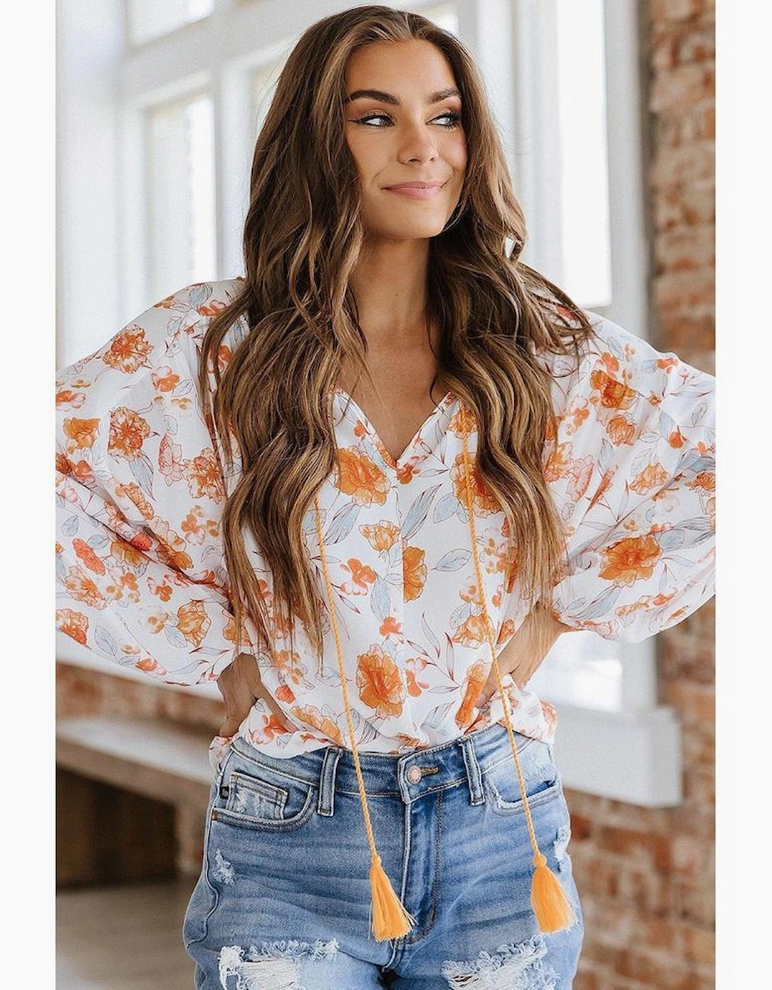 White Tassel Tie V Neck Bubble Sleeve Floral Blouse