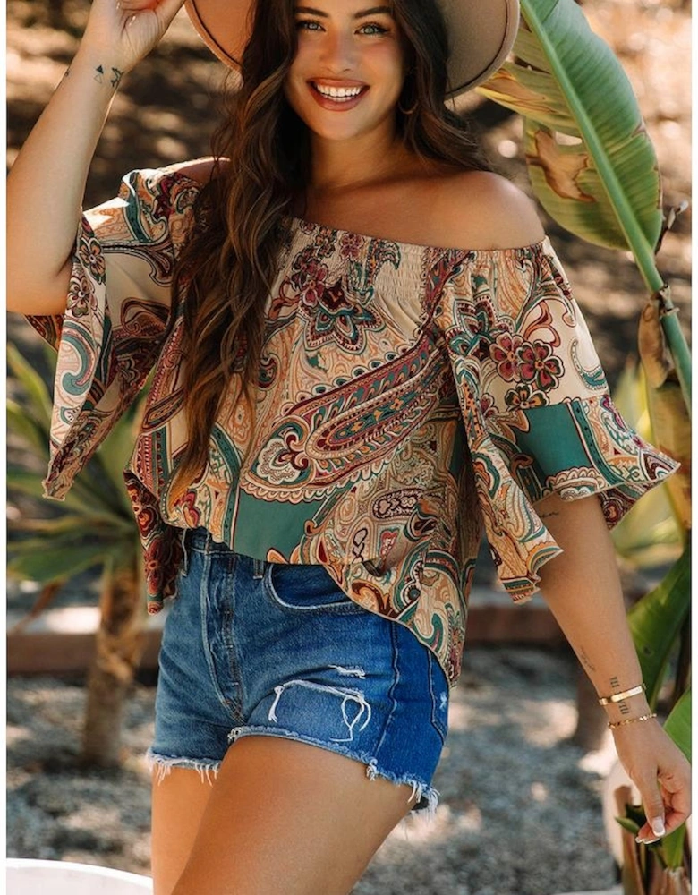 Apricot Paisley Printed Shirred Off Shoulder Ruffled Draped Sleeve Blouse