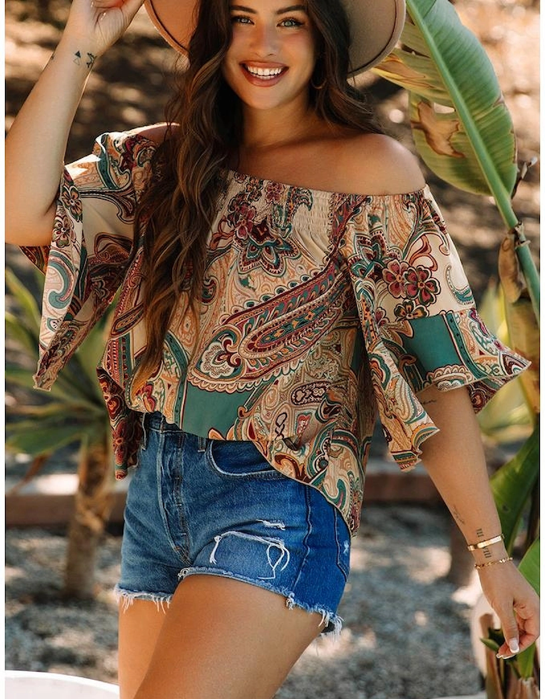 Apricot Paisley Printed Shirred Off Shoulder Ruffled Draped Sleeve Blouse