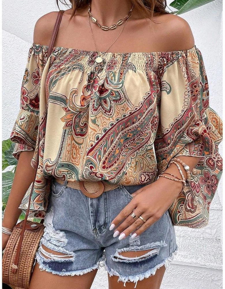 Apricot Paisley Printed Shirred Off Shoulder Ruffled Draped Sleeve Blouse