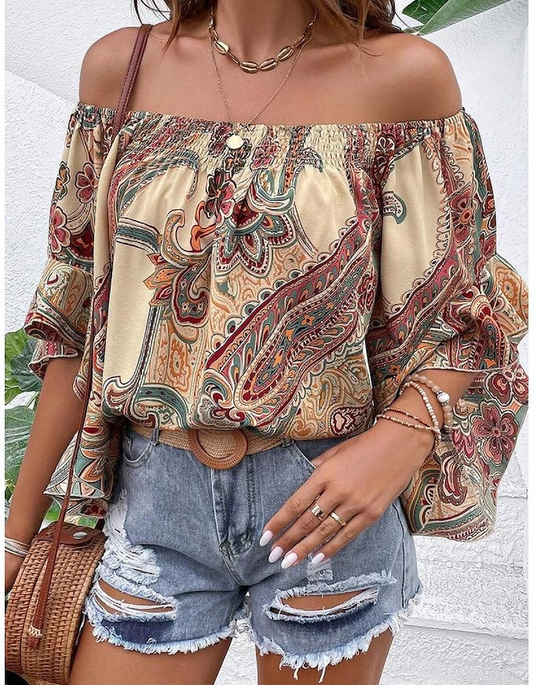 Apricot Paisley Printed Shirred Off Shoulder Ruffled Draped Sleeve Blouse