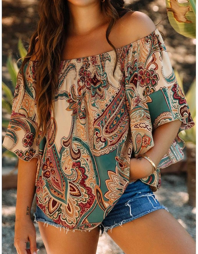 Apricot Paisley Printed Shirred Off Shoulder Ruffled Draped Sleeve Blouse