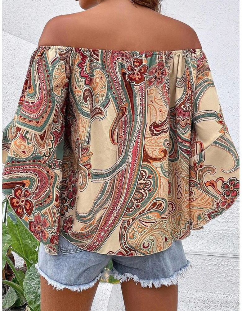 Apricot Paisley Printed Shirred Off Shoulder Ruffled Draped Sleeve Blouse