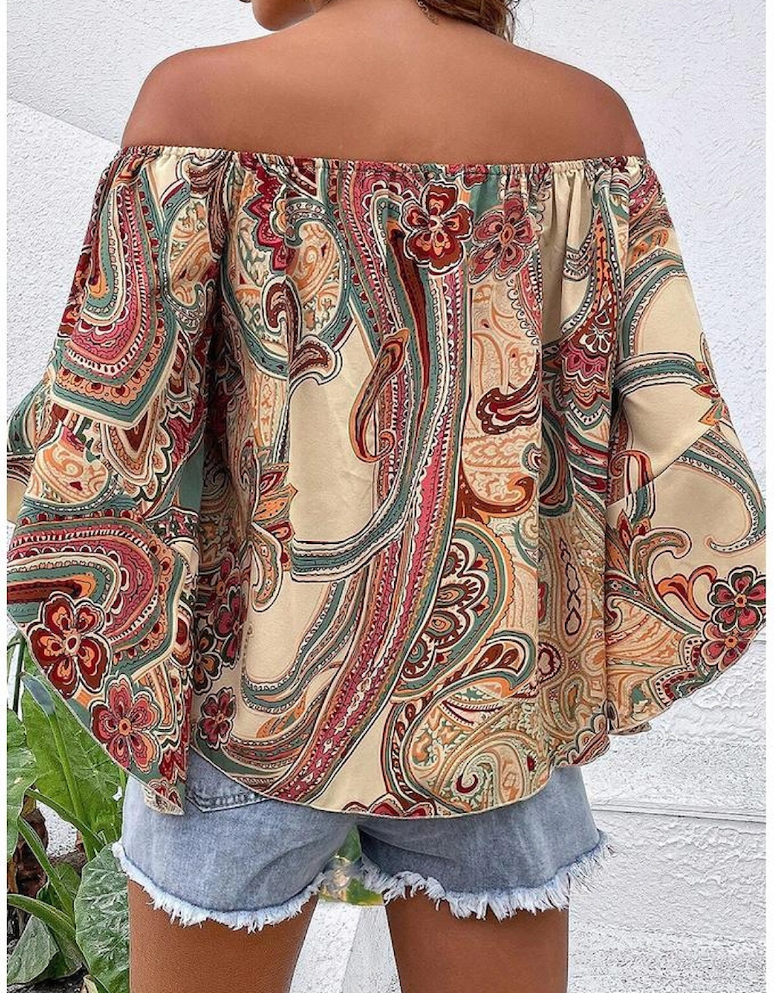 Apricot Paisley Printed Shirred Off Shoulder Ruffled Draped Sleeve Blouse