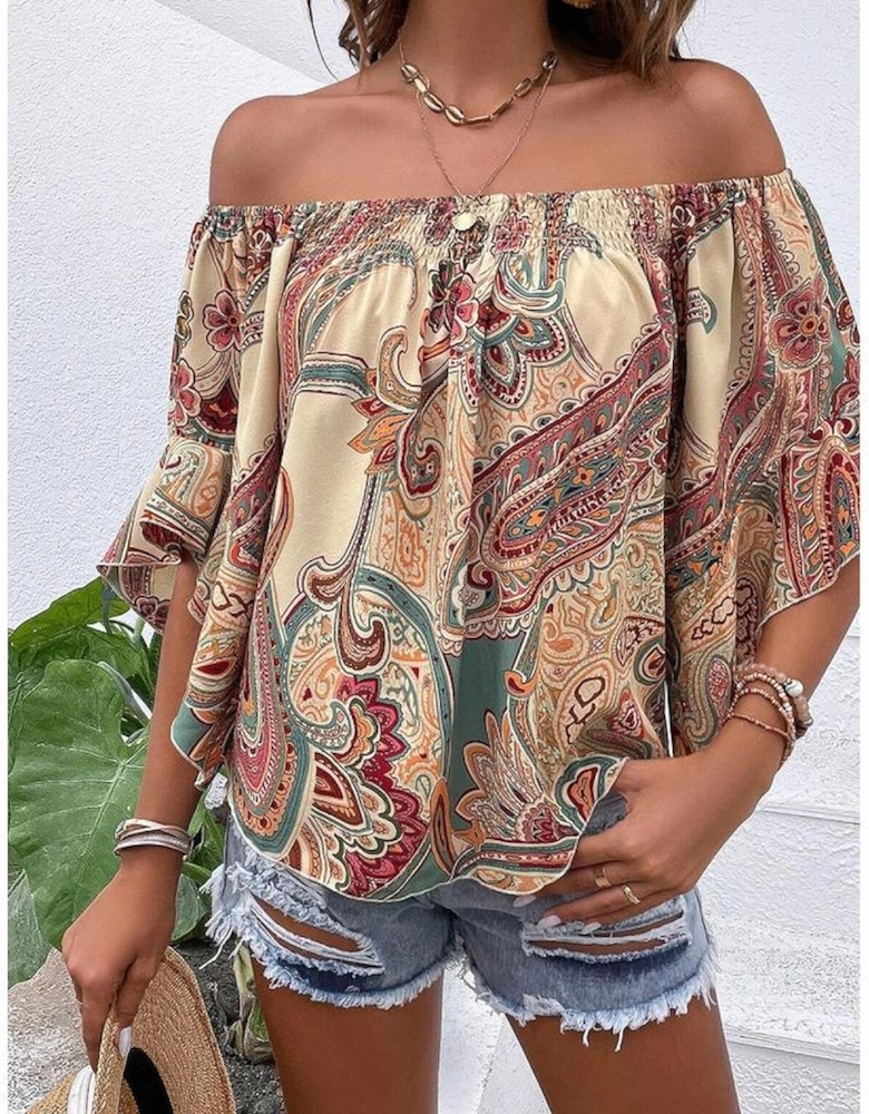 Apricot Paisley Printed Shirred Off Shoulder Ruffled Draped Sleeve Blouse