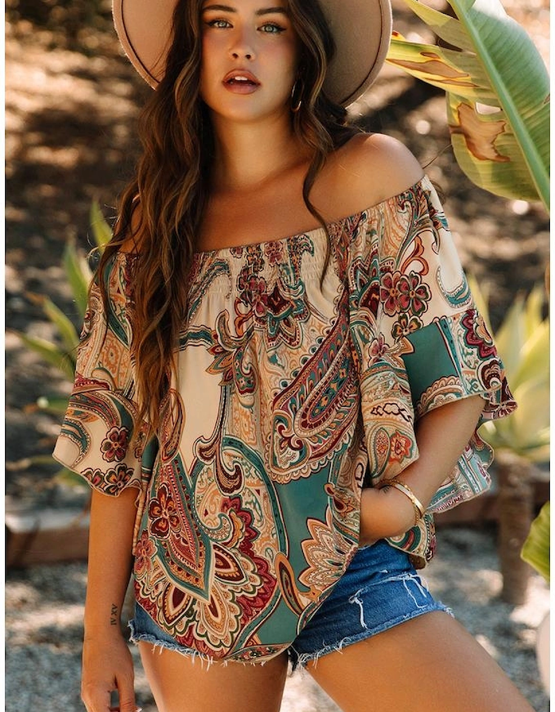 Apricot Paisley Printed Shirred Off Shoulder Ruffled Draped Sleeve Blouse