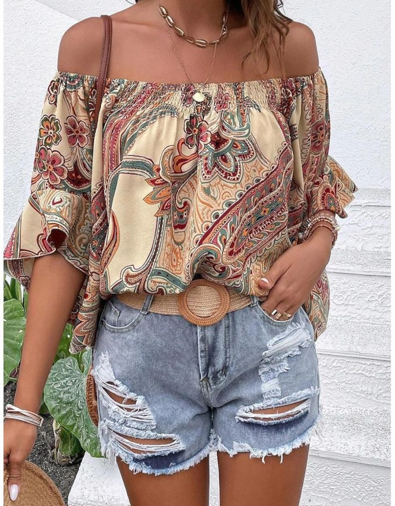 Apricot Paisley Printed Shirred Off Shoulder Ruffled Draped Sleeve Blouse