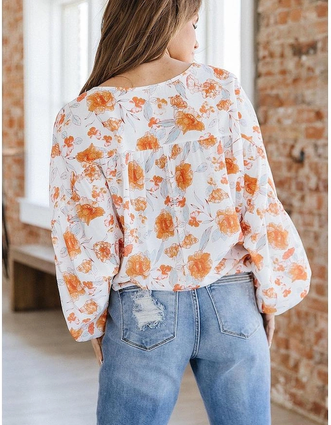 White Tassel Tie V Neck Bubble Sleeve Floral Blouse