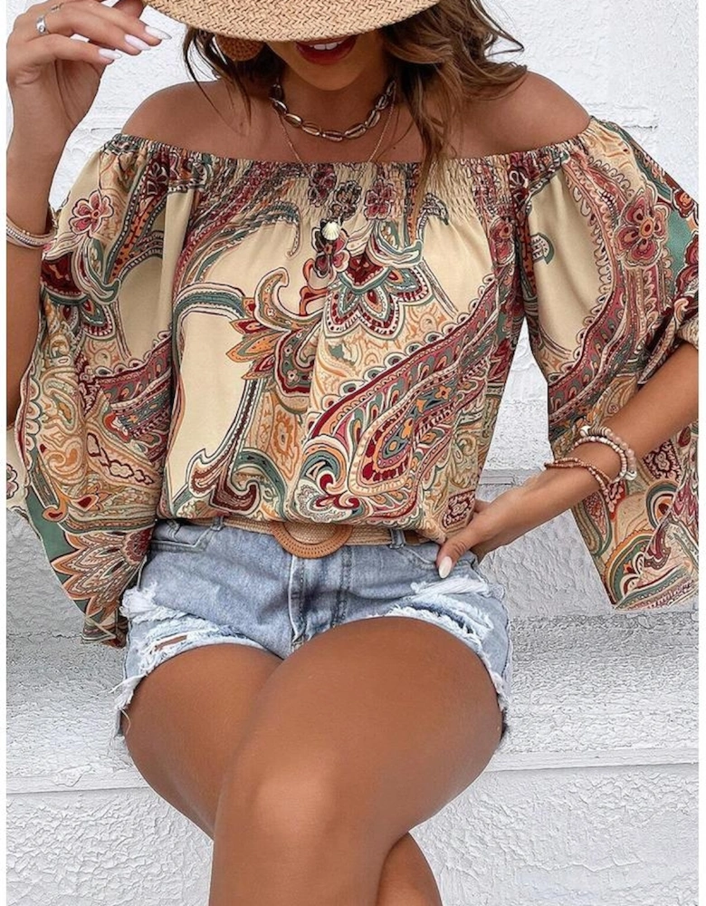 Apricot Paisley Printed Shirred Off Shoulder Ruffled Draped Sleeve Blouse