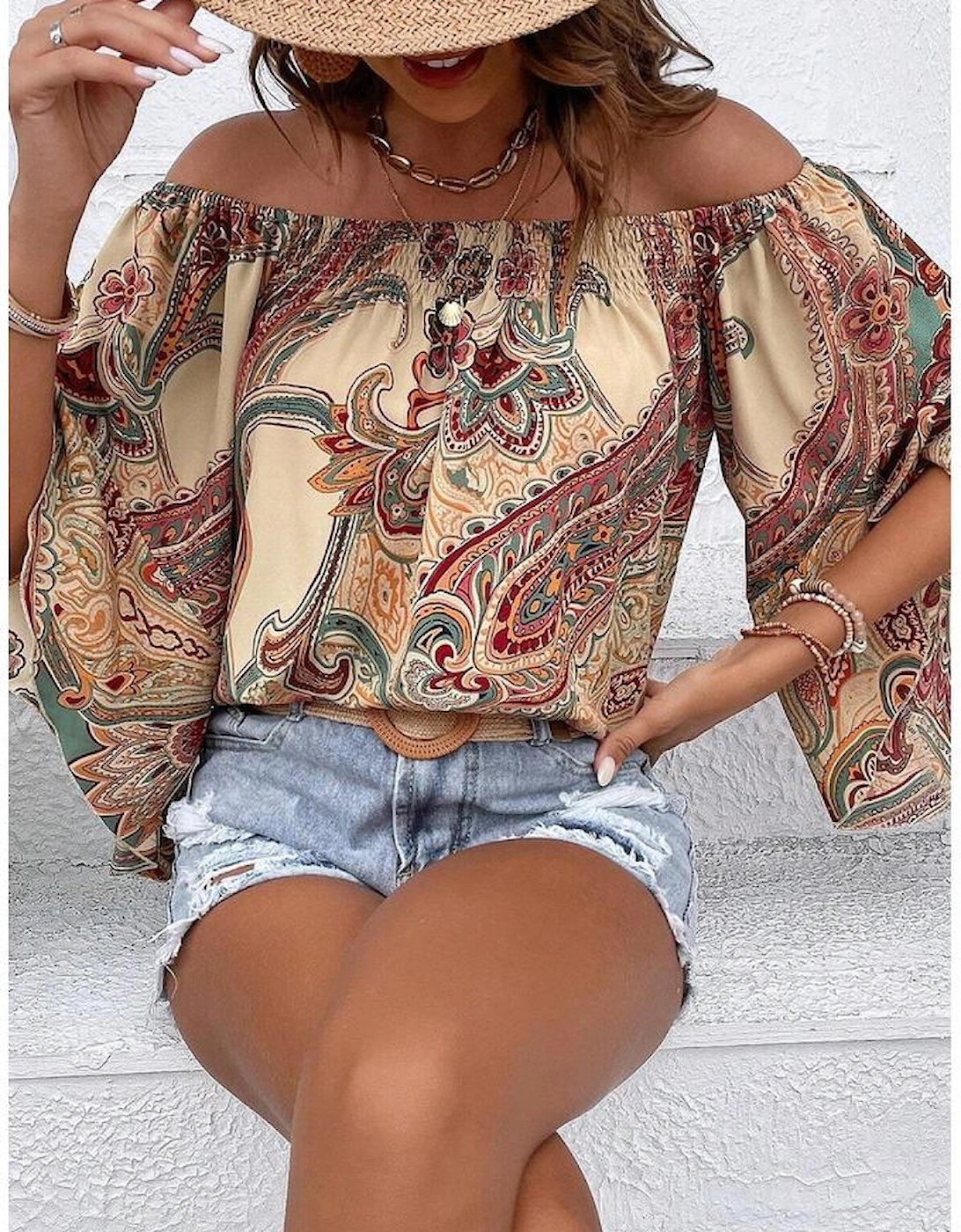 Apricot Paisley Printed Shirred Off Shoulder Ruffled Draped Sleeve Blouse