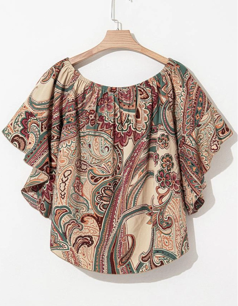 Apricot Paisley Printed Shirred Off Shoulder Ruffled Draped Sleeve Blouse