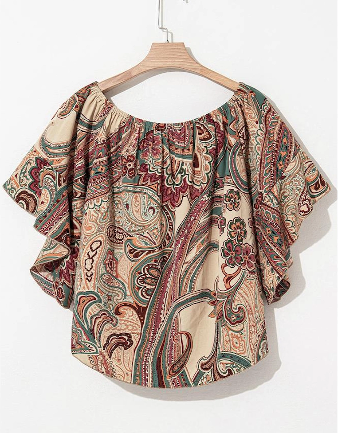 Apricot Paisley Printed Shirred Off Shoulder Ruffled Draped Sleeve Blouse