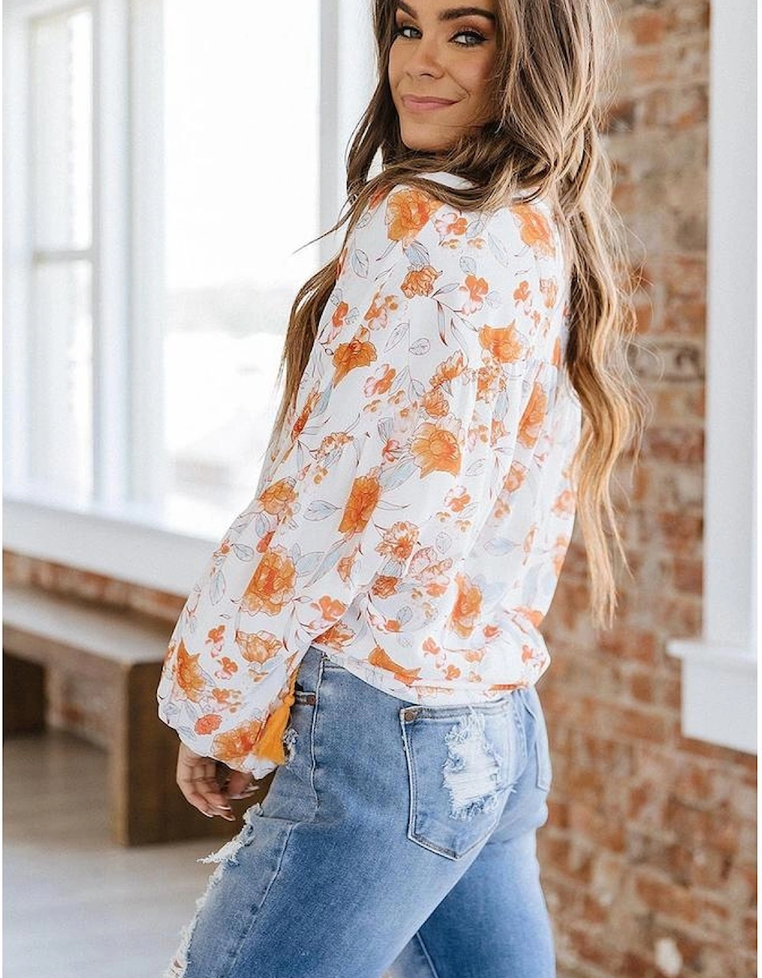 White Tassel Tie V Neck Bubble Sleeve Floral Blouse