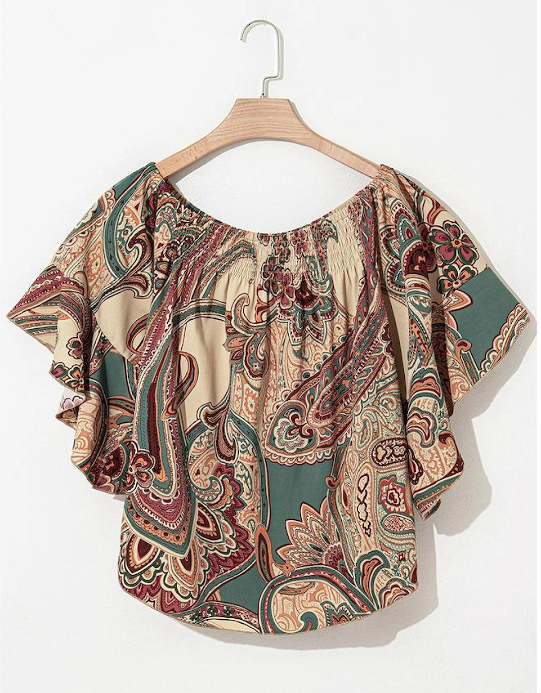 Apricot Paisley Printed Shirred Off Shoulder Ruffled Draped Sleeve Blouse