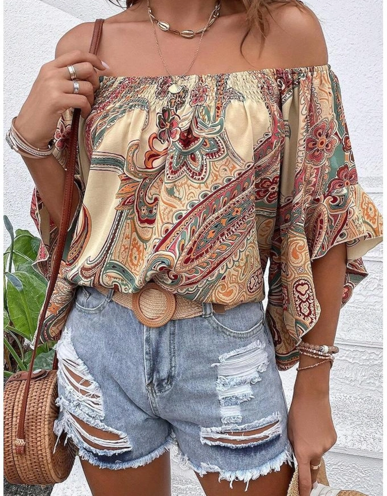 Apricot Paisley Printed Shirred Off Shoulder Ruffled Draped Sleeve Blouse