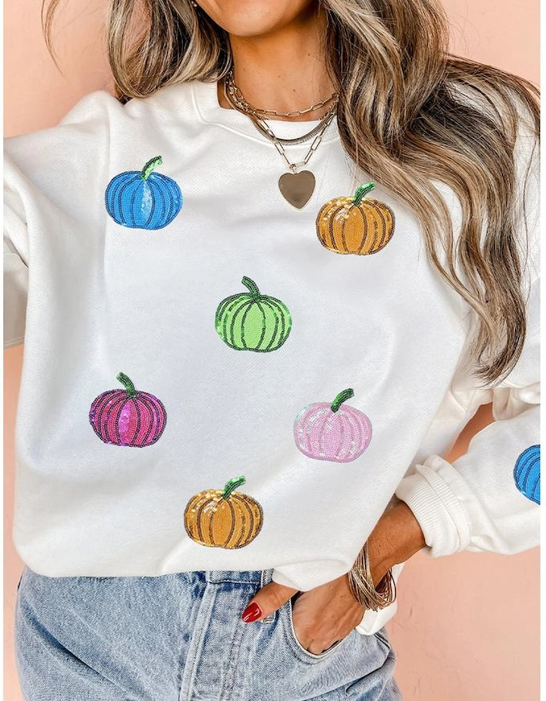 White Colorful Pumpkin Sequin Patched Drop Shoulder Sweatshirt