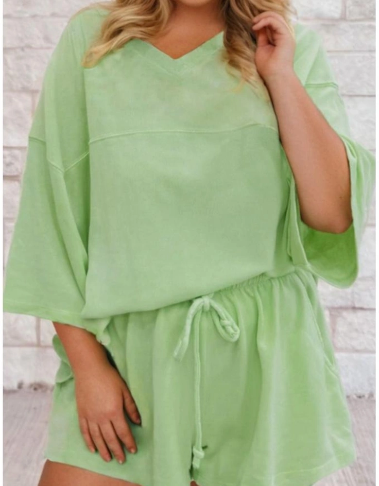 Meadow Mist Green Plus Size V Neck Drop Shoulder Tee Loose Shorts 2pcs Outfit